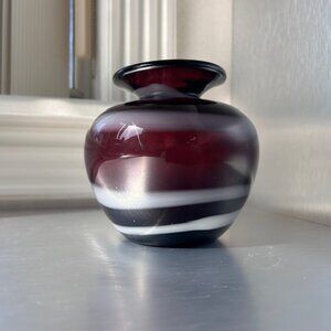 Brystal handblown glass vase in black cherry and white swirl pattern
